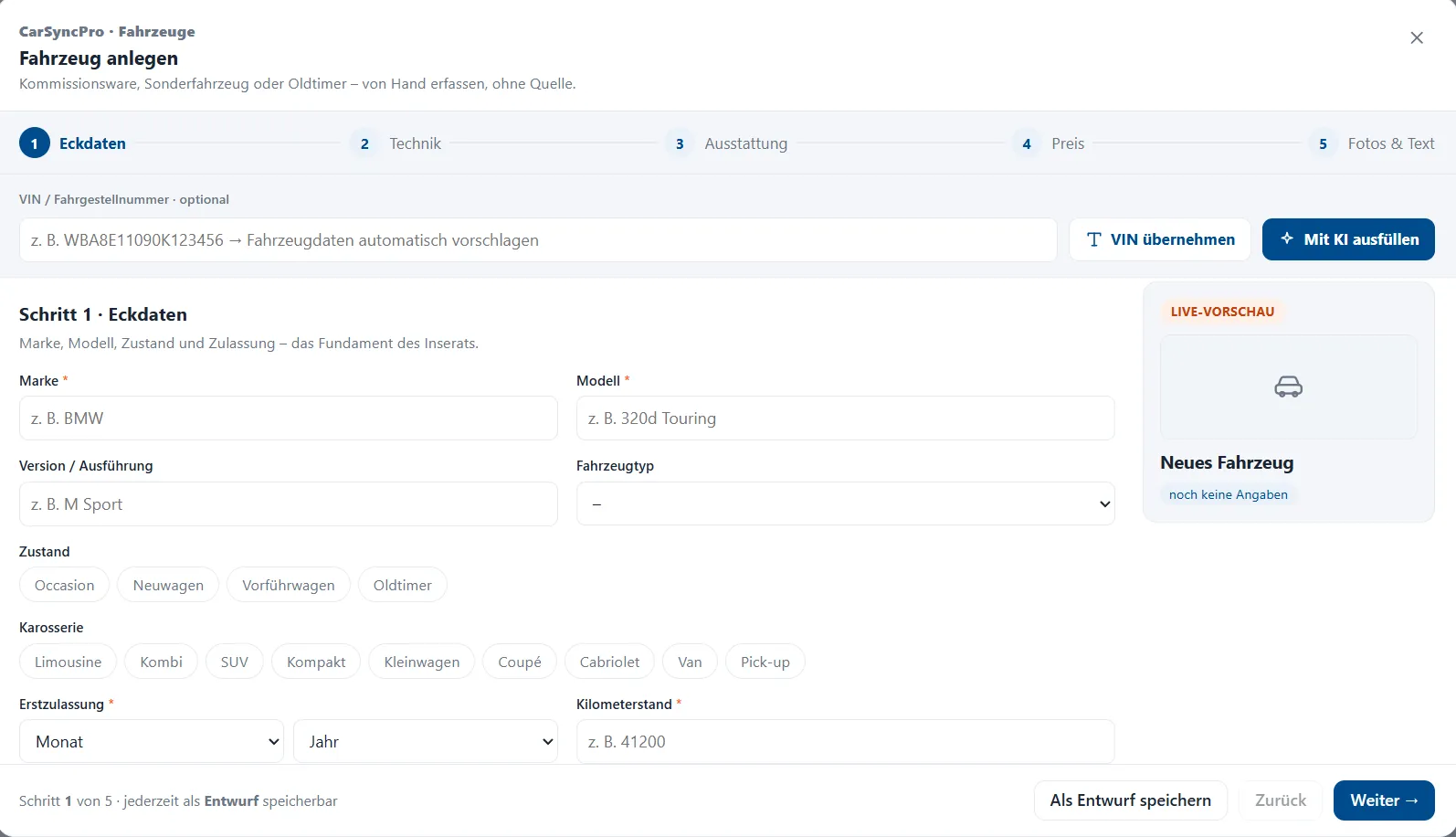 CarSyncPro portal: create a vehicle in 5 steps, with VIN import and AI fill-in
