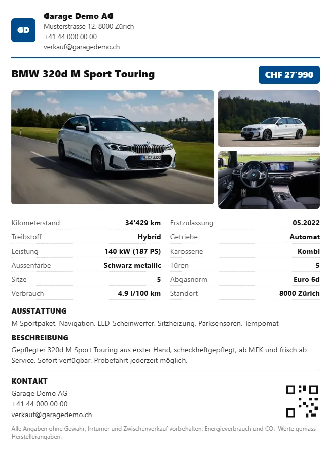 Automatically generated sales PDF: vehicle photos, key data, features, description, contact and QR code in your own look