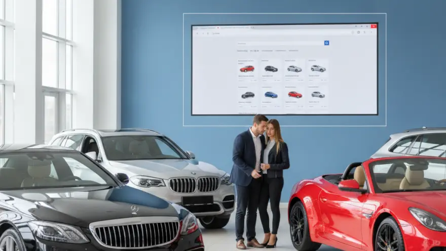 A man and a woman stand together in a car showroom surrounded by a black sedan, a silver SUV, and a red convertible, with a large screen on the blue wall behind them displaying a car website.