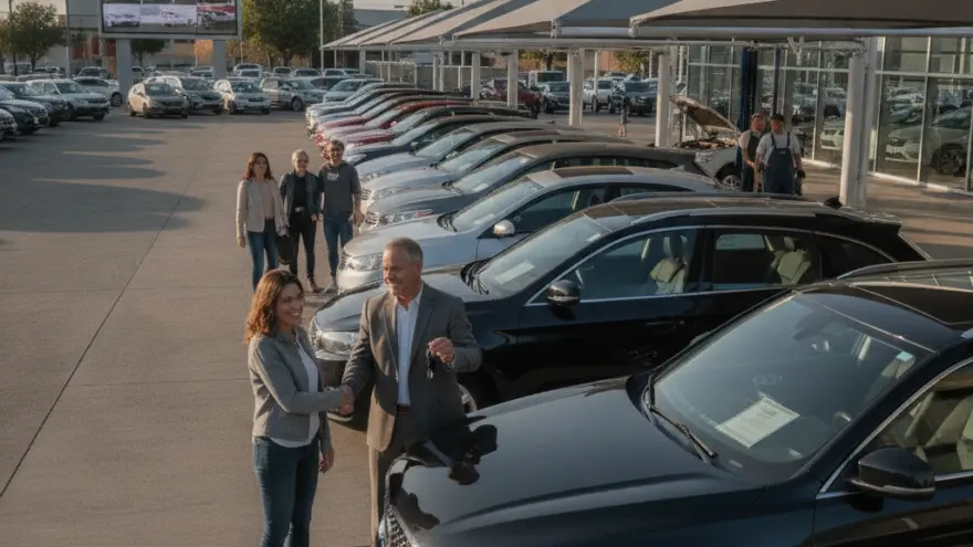 A salesman shakes hands with a woman and holds up car keys next to a black SUV in a dealership lot.