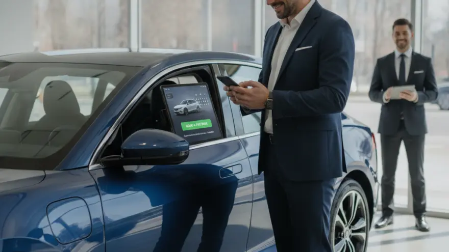 A smiling man in a blue suit looks at his smartphone while standing next to a blue car inside a dealership showroom, with another man in a suit standing in the background.