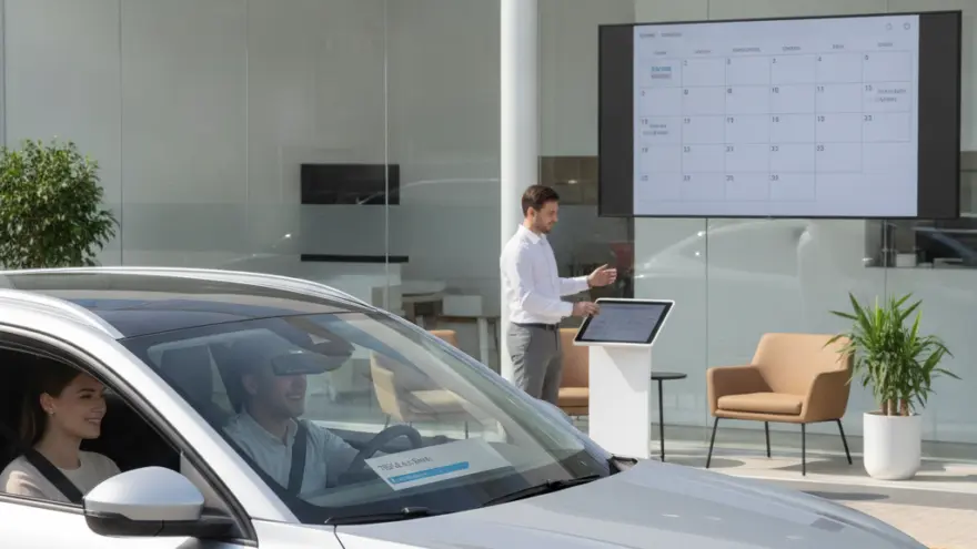 A man and a woman sit inside a silver car parked in front of a building with large glass windows, where a man stands next to a digital screen displaying a calendar.
