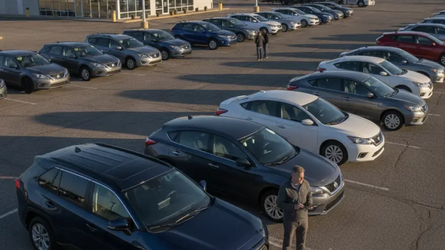 An aerial view of a car dealership parking lot filled with rows of vehicles, with a man standing near a dark blue SUV holding a tablet.