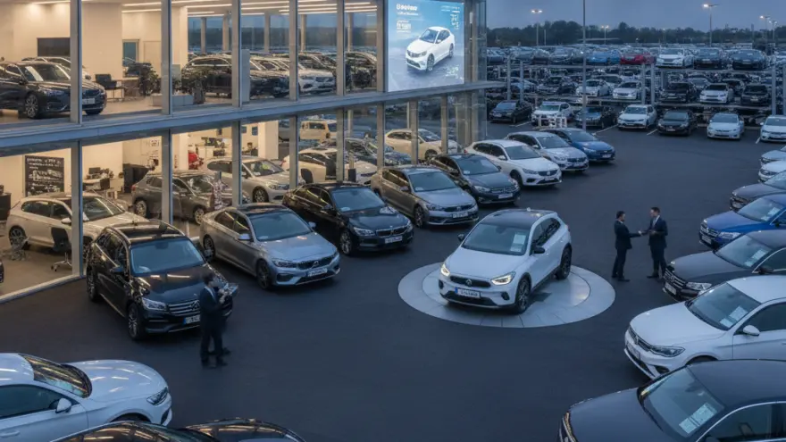 An outdoor car dealership lot filled with various vehicles parked around a modern glass building at dusk.