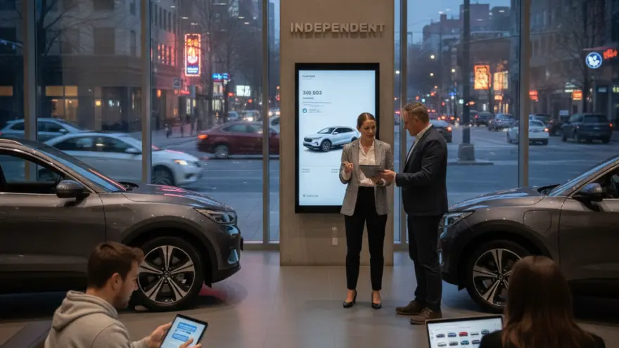A car dealership showroom with two grey SUVs, where a salesperson shows a tablet to a customer while two other people sit in the foreground using a tablet and a laptop.