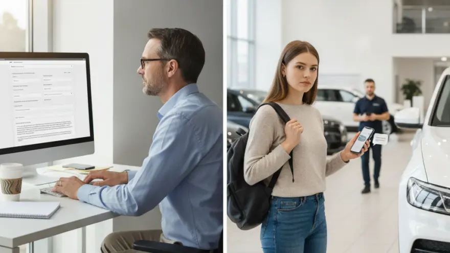 A split-screen image showing a man working on a computer at a desk on the left, and a young woman holding a smartphone in a car showroom on the right.