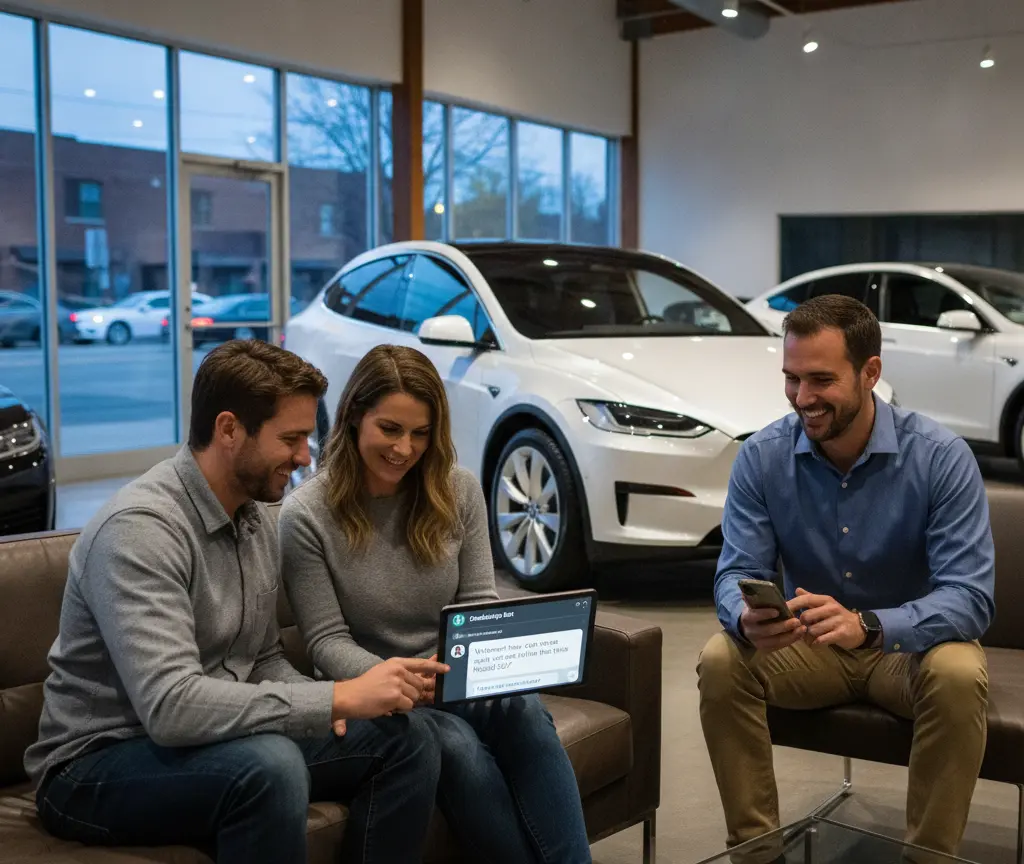 A smiling couple sits on a leather sofa looking at a tablet while a salesman sits opposite them looking at his phone in a car showroom with white SUVs in the background.