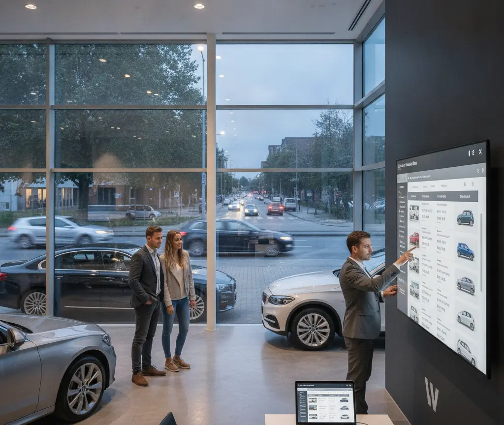 A car dealership employee in a suit points to a large digital screen displaying vehicle options for a couple standing nearby.