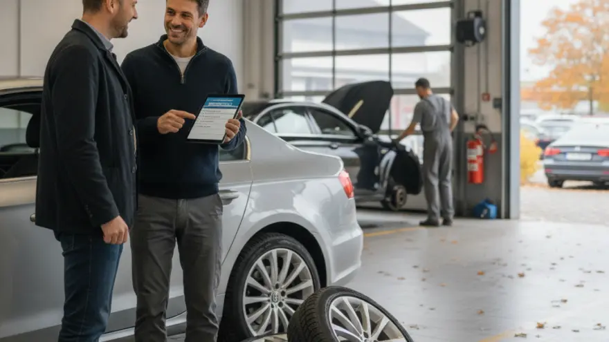Zwei Männer unterhalted sich inere Autowerkstatt näbed eme silbrige Auto und Pneu, während im Hintergrund en Mechaniker amene andere Auto schafft.