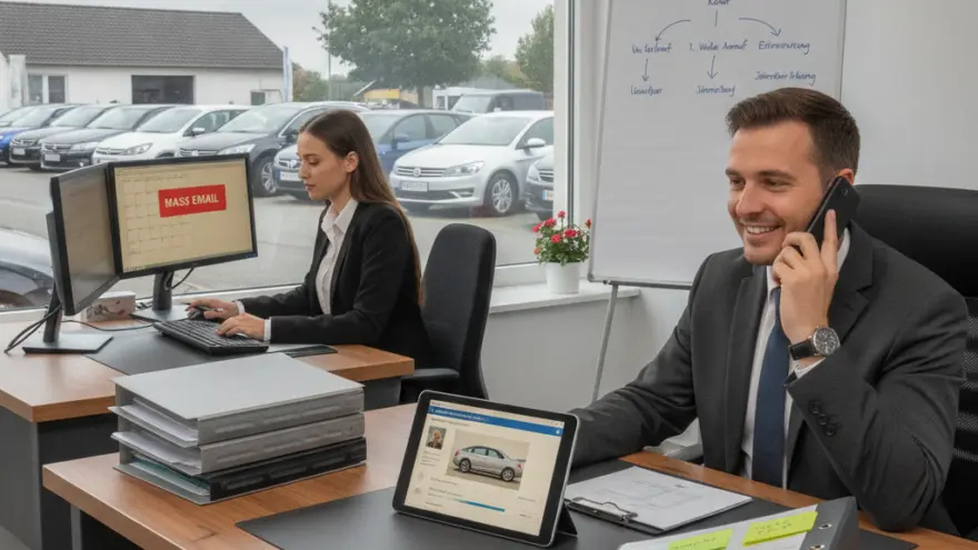 En Maa im Gschäftsazug telefoniert am Schriibtisch, während im Hindergrund e Frau am Computer schafft und duss Autos parkiert sind.