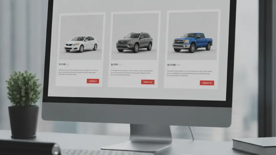 A computer monitor on a desk displays a website with listings for a white sedan, a grey SUV, and a blue pickup truck.