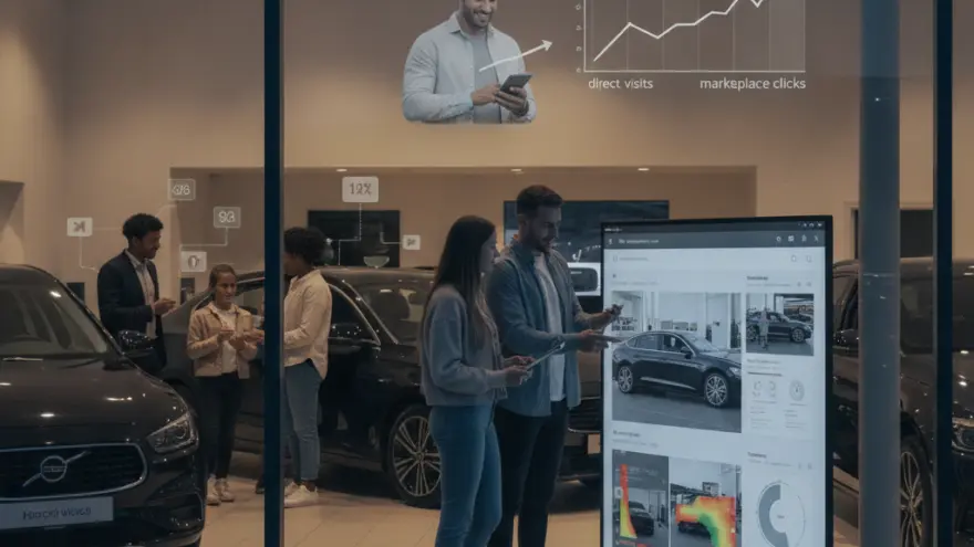 A man and a woman look at a large digital screen displaying car data inside a dealership showroom, with other people and cars visible in the background.