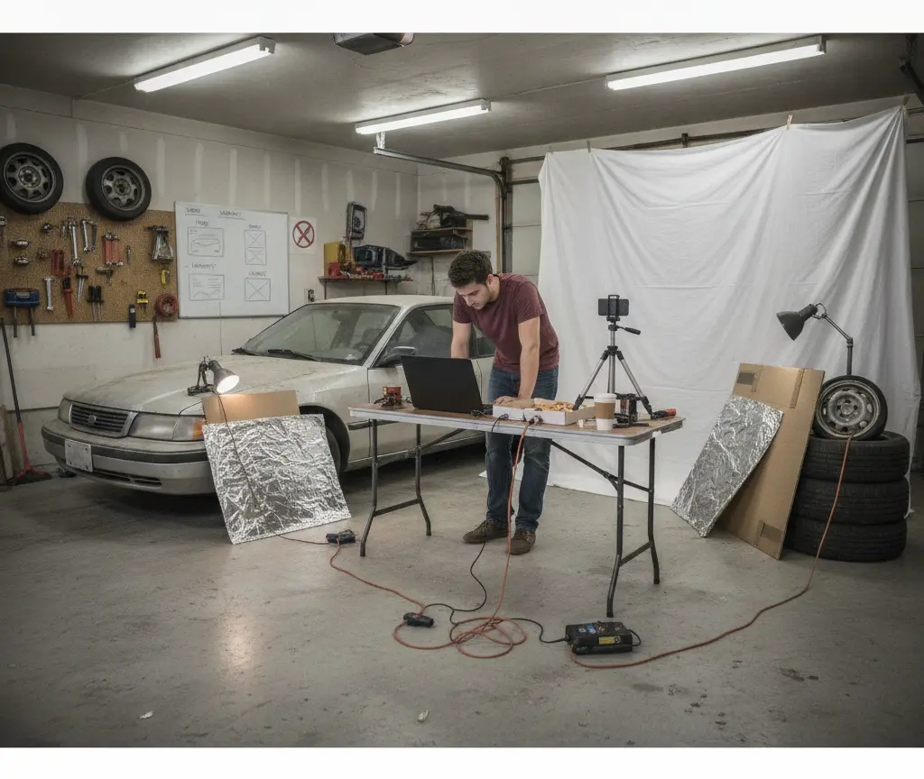A man stands at a folding table using a laptop in a garage next to a silver sedan and a makeshift photo studio setup.