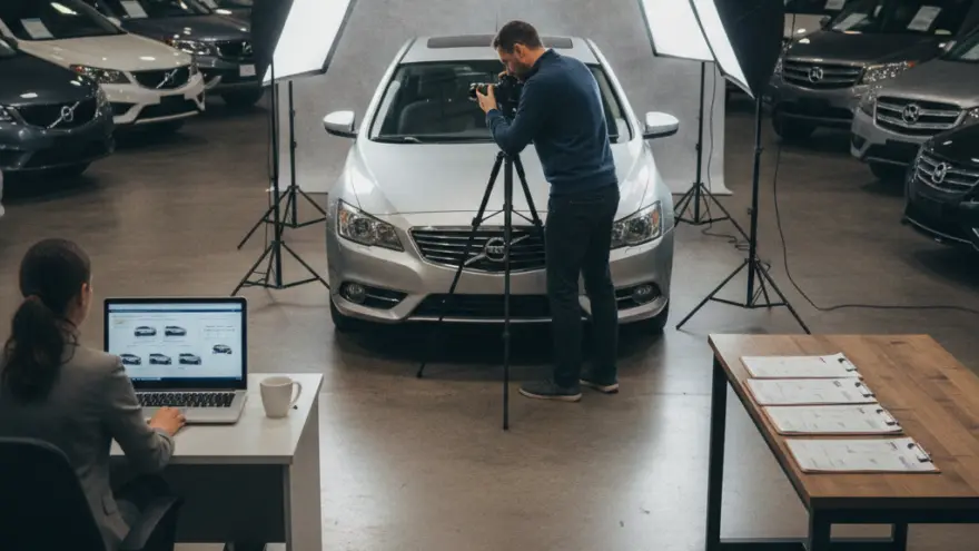 A photographer takes a photo of a silver sedan in a studio setup with softbox lights, while a woman works on a laptop at a desk in the foreground.