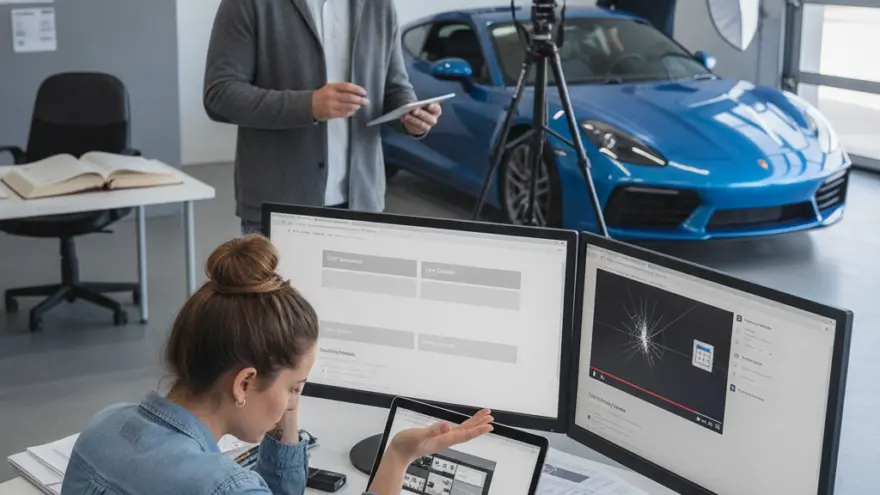 A woman works at a desk with multiple computer monitors in the foreground while two men photograph a blue sports car in a studio in the background.