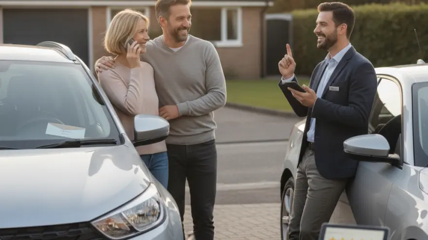 A smiling couple stands next to a silver car while talking to a salesman holding a smartphone in front of a house.