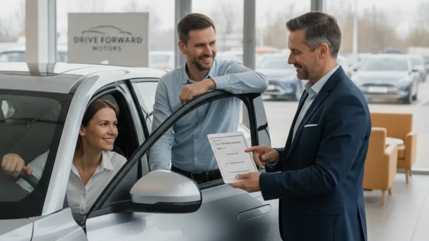 A car salesman in a suit shows a digital tablet to a smiling couple sitting in and standing next to a silver car inside a dealership showroom.