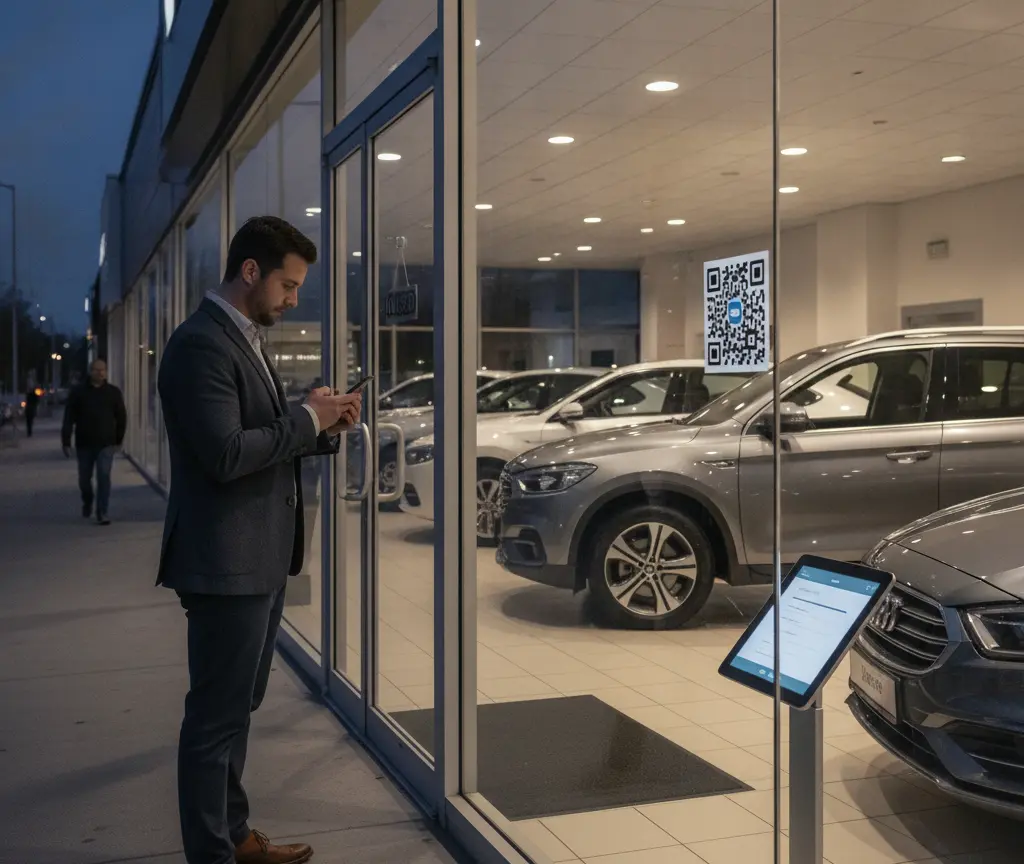 A man in a suit stands on the sidewalk outside a car dealership at dusk, looking at his smartphone near a glass window displaying cars inside.