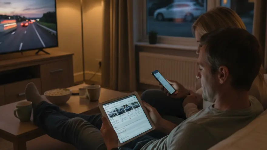 A man and a woman sit on a sofa in a living room at night, with the man looking at a tablet displaying cars and the woman holding a smartphone.