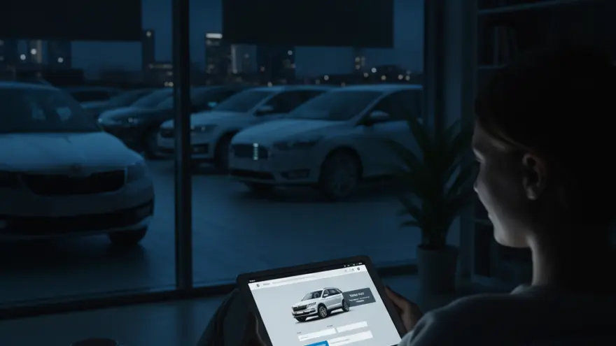 A woman sits in a dark room looking at a tablet displaying a white SUV, with a view of a car dealership lot at night through the window behind her.
