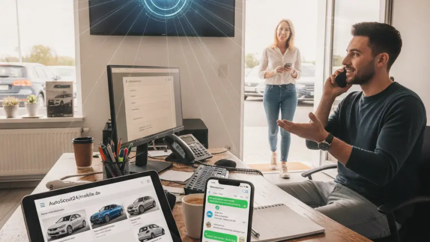 A man talks on a phone at an office desk with a tablet and smartphone displaying car listings, while a woman stands in the doorway.