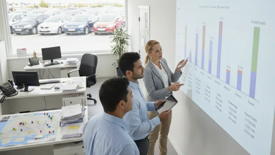 Three office workers discuss a bar chart projected onto a wall in an office overlooking a car lot.