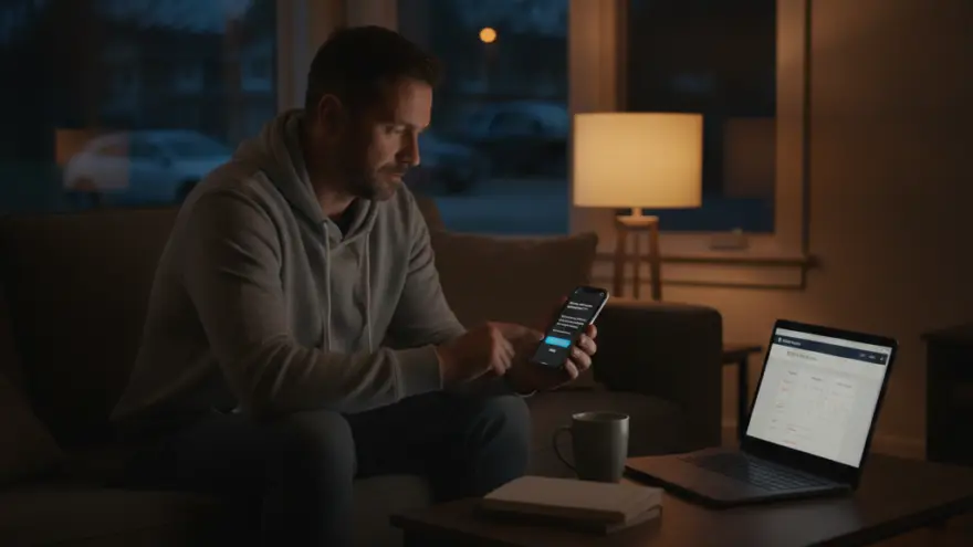 A man sits on a couch in a dimly lit living room, holding a smartphone in one hand and pointing at its screen with the other, next to a laptop displaying a calendar on a coffee table.
