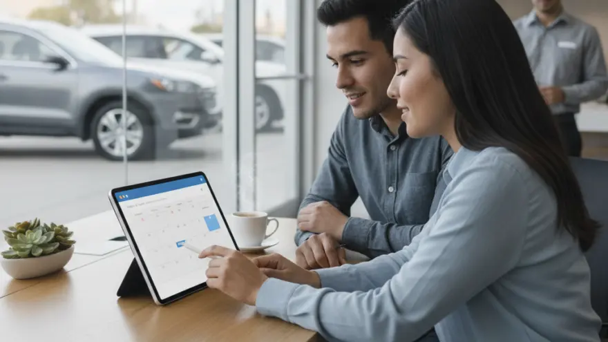 A man and a woman sit at a wooden table inside a car dealership looking at a tablet showing a calendar.
