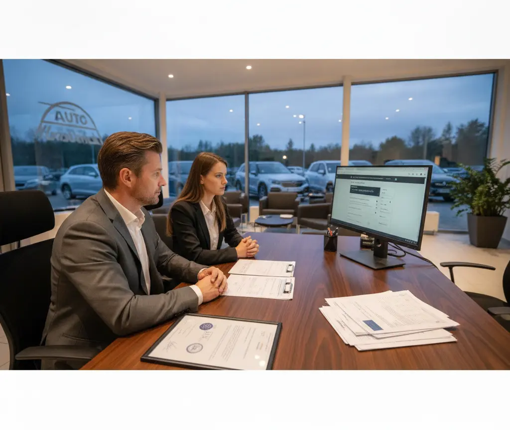 En Maa und e Frau im Business-Chleidigsstil sitzed amene hölzige Schriibtisch und lueged uf en Computerbildschirm inere Autogarage.
