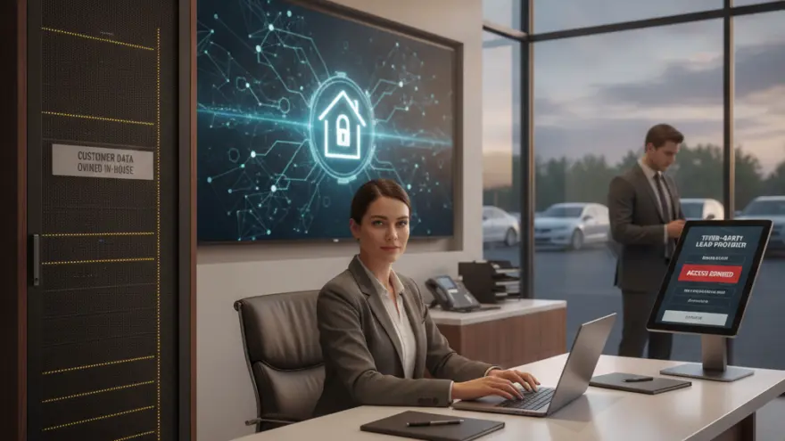 A woman in a grey suit sits at a desk typing on a laptop in an office with a server cabinet and a large digital screen showing a security icon.