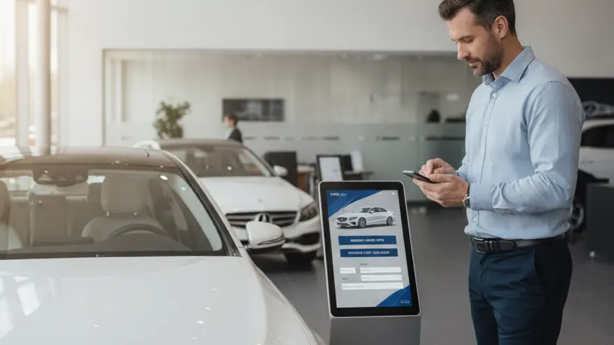 A man in a light blue shirt and dark trousers stands in a car showroom looking at his smartphone next to a digital information kiosk and a white car.