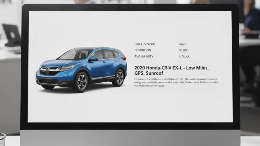 A computer monitor on a white desk displays a listing for a blue SUV with vehicle details and pricing.