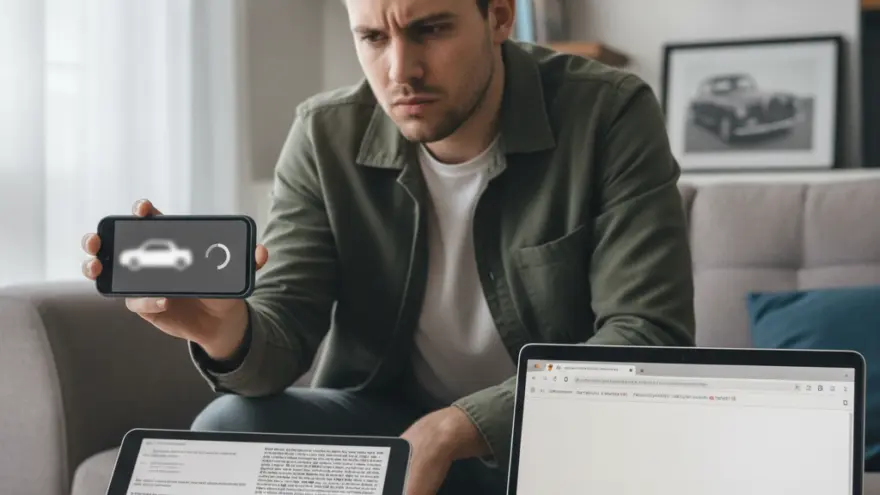 A man sitting on a couch looks with a concerned expression at a smartphone showing a car icon, with a tablet and laptop open on the table in front of him.