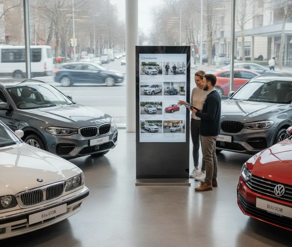 En Maa und e Frau stönd inere Autohalle vor eme grosse Bildschirm und lueged Auto-Inserat a, umgeeh vo verschidene usgstellte Autos.
