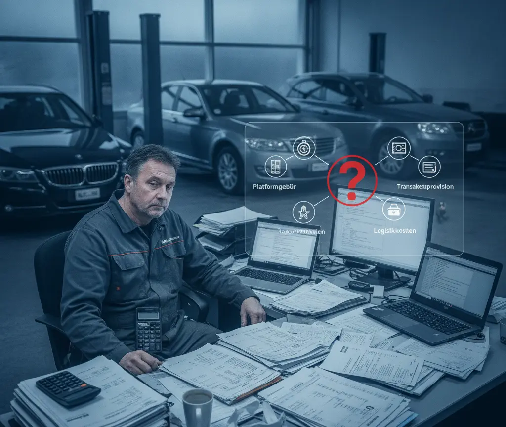 En Mechaniker im graue Overall sitzt amene Schriibtisch voller Papier und Laptops inere Autowerchstatt mit Autos im Hindergrund.