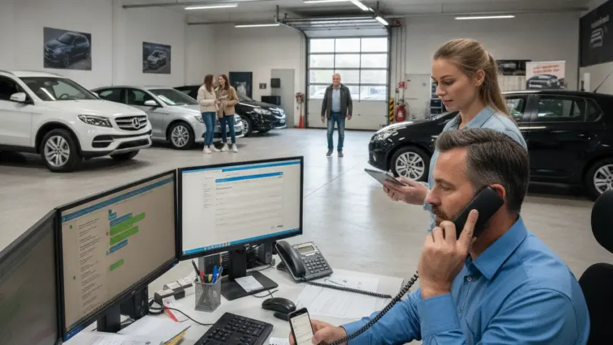 En Maa im blaue Hemmli telefoniert am Schriibtisch inere Autogarage, während e Frau mit eme Tablet näbed ihm staht und im Hindergrund anderi Lüt und Autos z gseh sind.