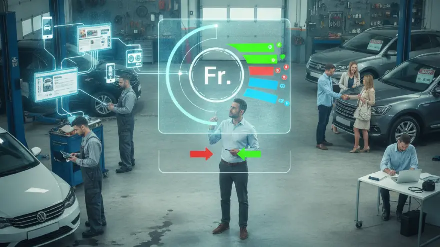 En Ma im Hemmli staht inere Autowerchstatt und bedient e virtuelli Grafik mit de Abchürzig Fr. inere grosse Schiibe.