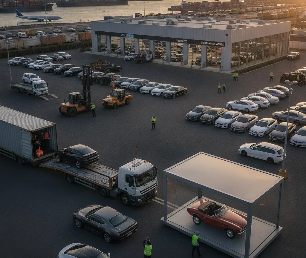 En Autoverladplatz us de Vogelperspektive mit vilne Fahrzüg, Lastwäge, Gabelstapler und eme rote Cabriolet inere Glasbox vor eme Autohuus am Hafe.