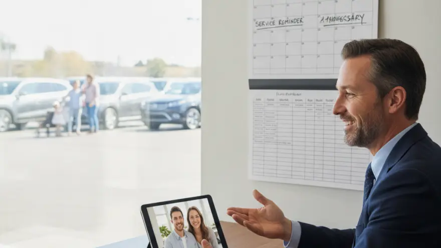 A smiling man in a suit sits at a desk and gestures toward a tablet displaying a video call with a couple, with a car lot visible through the window behind him.