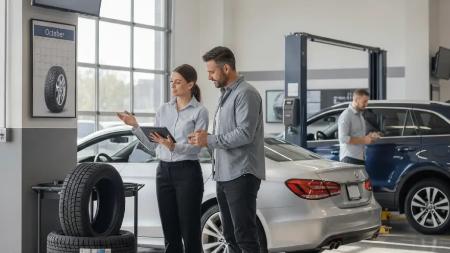 A female service advisor shows a digital tablet to a male customer in a well-lit auto repair shop with cars and tires.