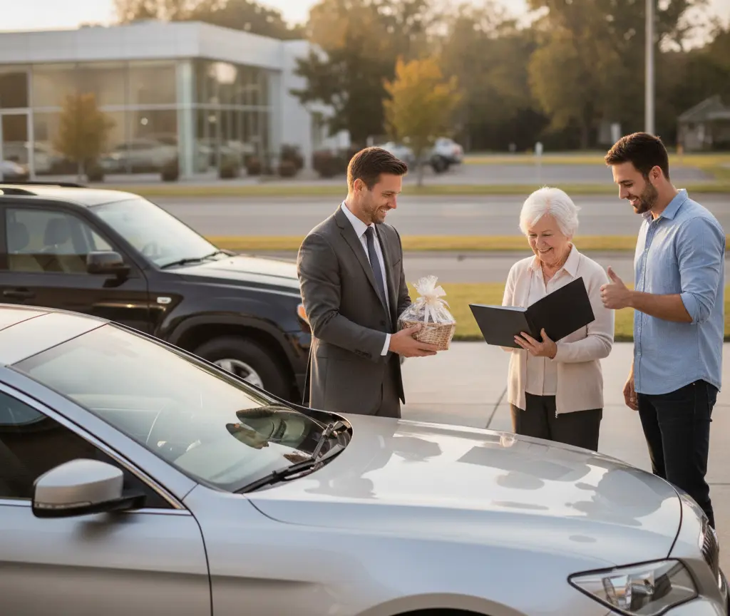 A salesman in a suit hands a gift basket to an elderly woman holding a folder, while a younger man gives a thumbs-up next to a silver car.