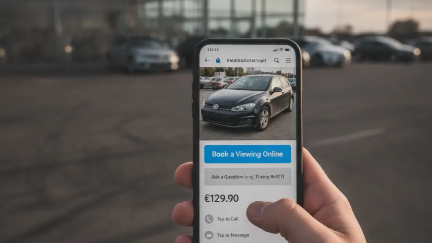 A person holds a smartphone displaying a car listing website in front of a blurred car dealership building and parking lot.