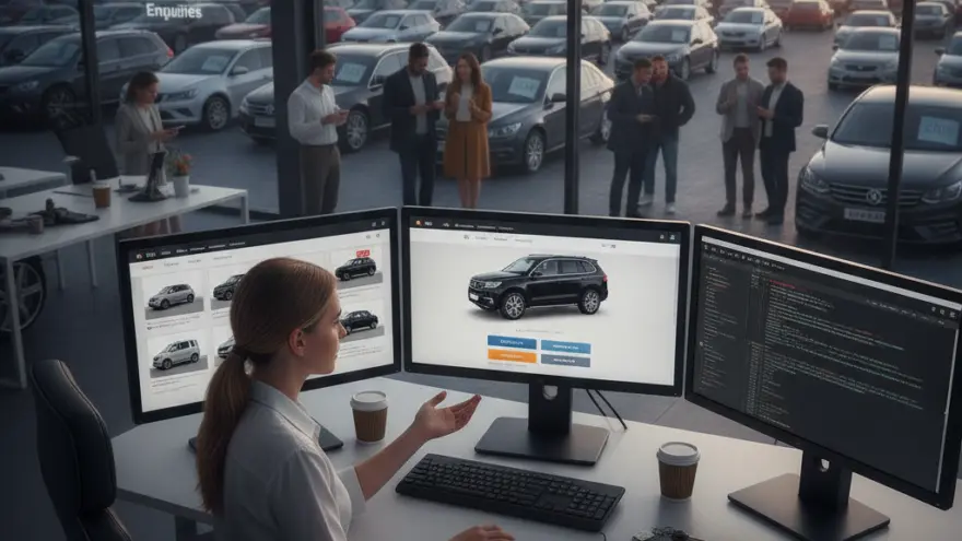 A woman sits at a desk with three computer monitors showing car listings and code, looking out a large window at a car lot filled with vehicles and people at sunset.