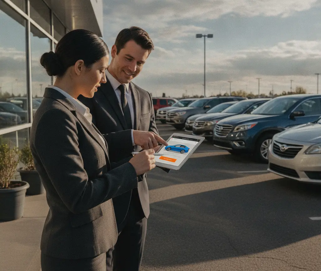 A man and a woman in business suits stand outside a dealership looking at a tablet showing a blue car, with rows of vehicles parked in the background.