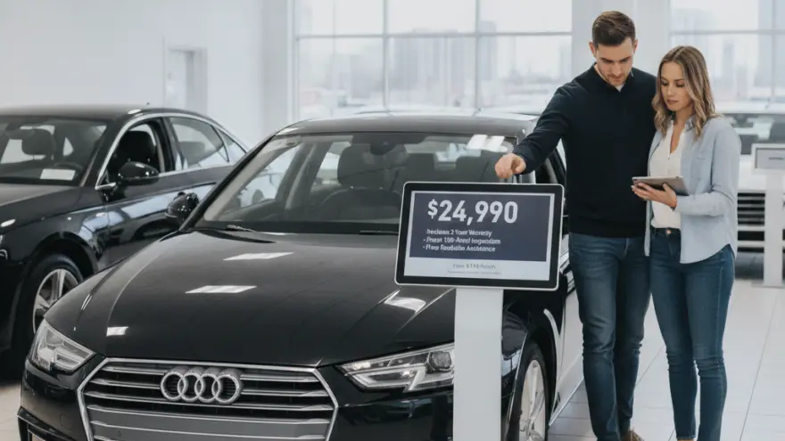 A man and a woman look at a tablet while standing next to a black sedan with a price sign in a car dealership showroom.