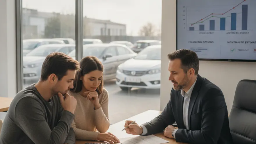 A man and a woman sit at a wooden desk looking at paperwork while a salesman in a suit points to a document with a pen.