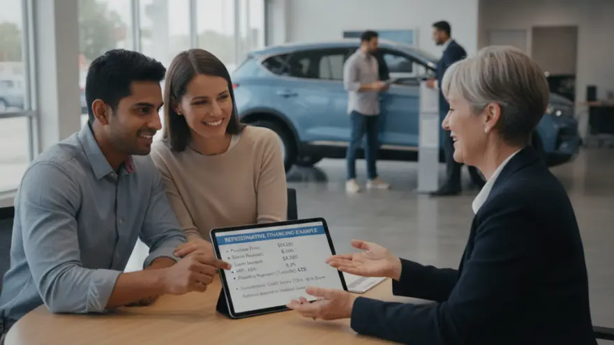 A smiling couple sits at a round wooden table in a car dealership showroom while a sales representative presents financing options on a tablet.