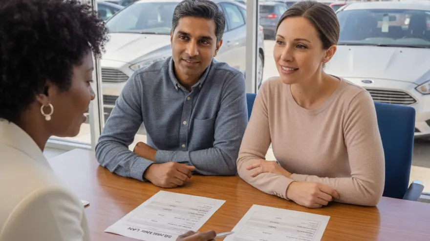 A couple sits at a wooden desk inside a car dealership, looking at a sales representative who is pointing to documents with a pen.