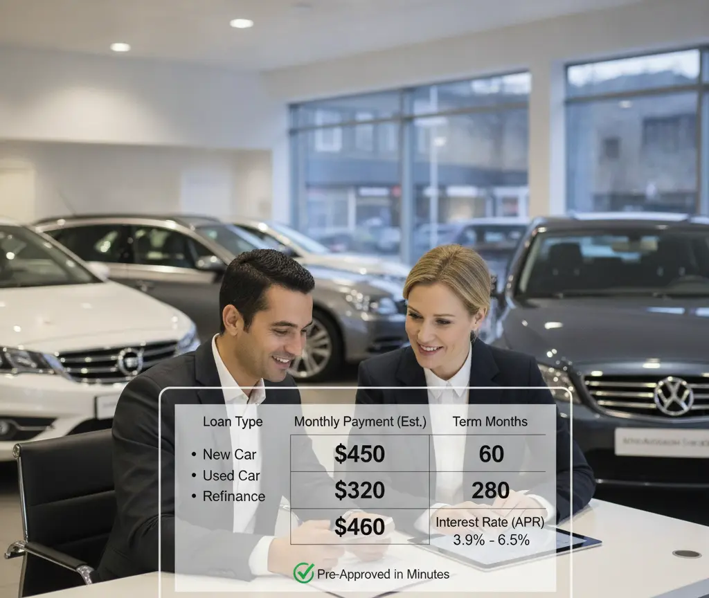A man and a woman in business attire sit at a desk inside a car dealership showroom with cars in the background and a loan information graphic overlaid on the image.