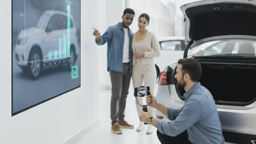 A man kneels to record a video of a car trunk with a smartphone on a gimbal, while a couple stands in the background looking at a large wall screen displaying a car graphic and charts.